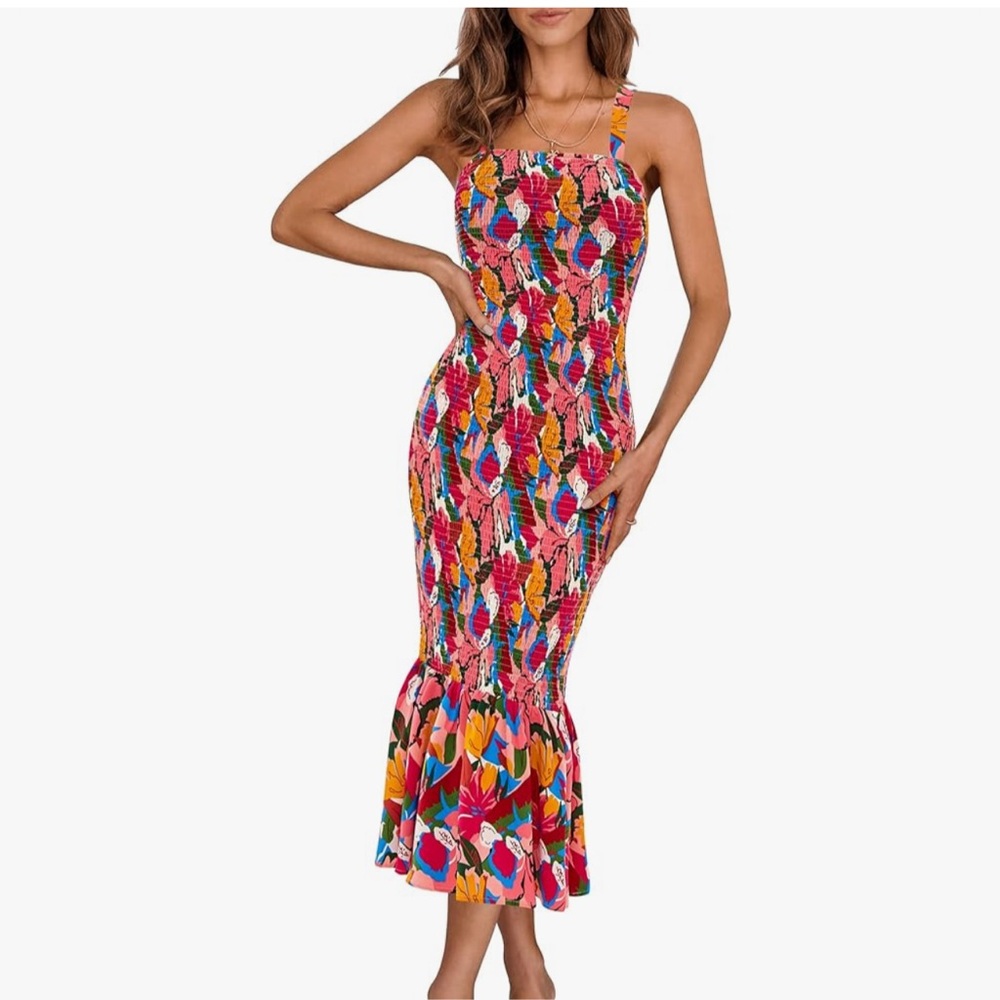 PRETTYGARDEN Womens Sleeveless Strappy Ruffle Hem Smocked Bodycon Dress Medium